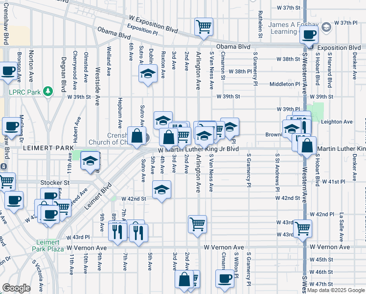 map of restaurants, bars, coffee shops, grocery stores, and more near 2419 West Martin Luther King Junior Boulevard in Los Angeles
