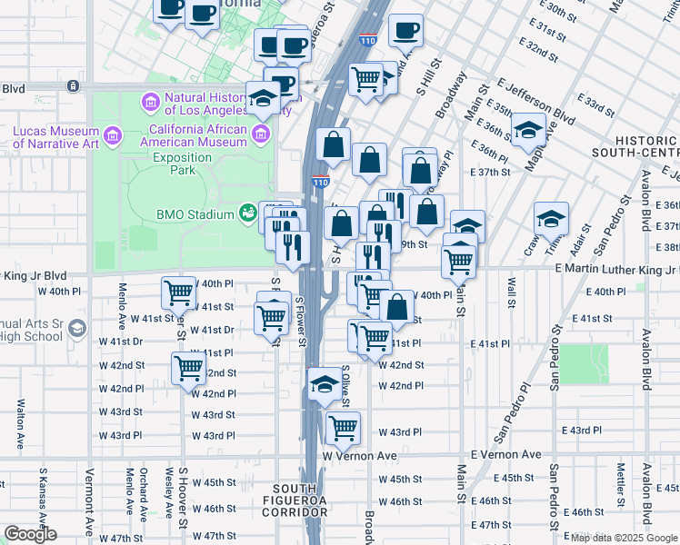 map of restaurants, bars, coffee shops, grocery stores, and more near 352 West Martin Luther King Junior Boulevard in Los Angeles