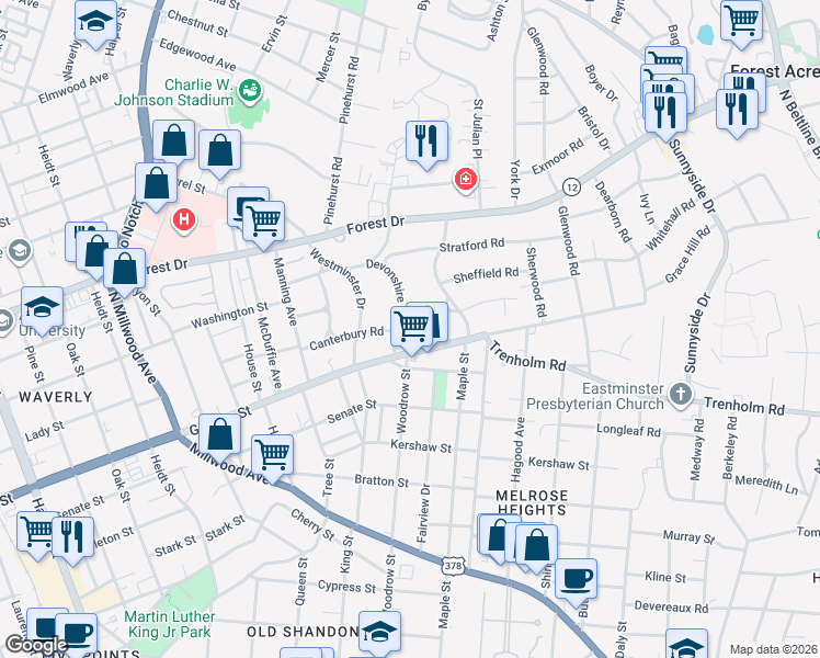 map of restaurants, bars, coffee shops, grocery stores, and more near 2704 Canterbury Road in Columbia