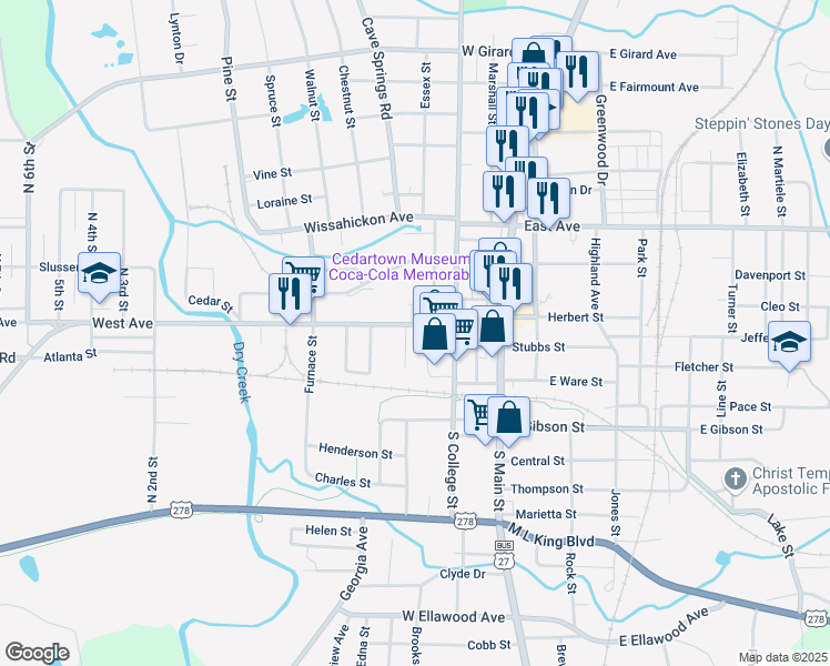 map of restaurants, bars, coffee shops, grocery stores, and more near 321/d West Avenue in Cedartown