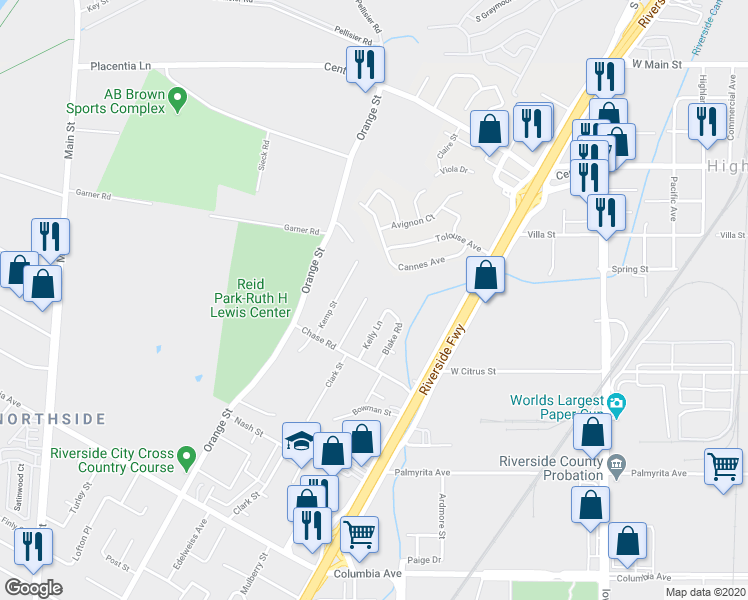 map of restaurants, bars, coffee shops, grocery stores, and more near 694 Forest Park Drive in Riverside