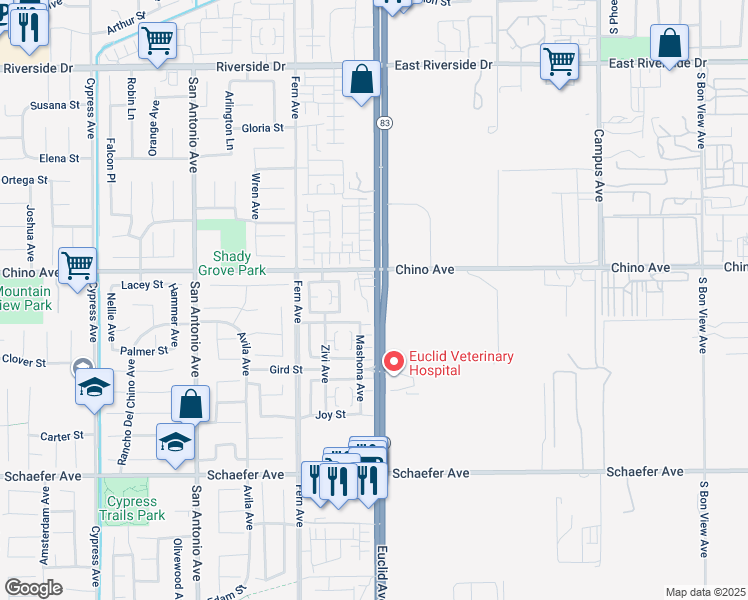 map of restaurants, bars, coffee shops, grocery stores, and more near 13362 Euclid Avenue in Chino