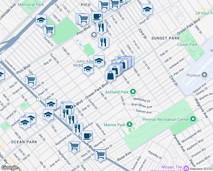 map of restaurants, bars, coffee shops, grocery stores, and more near 2612 16th Street in Santa Monica