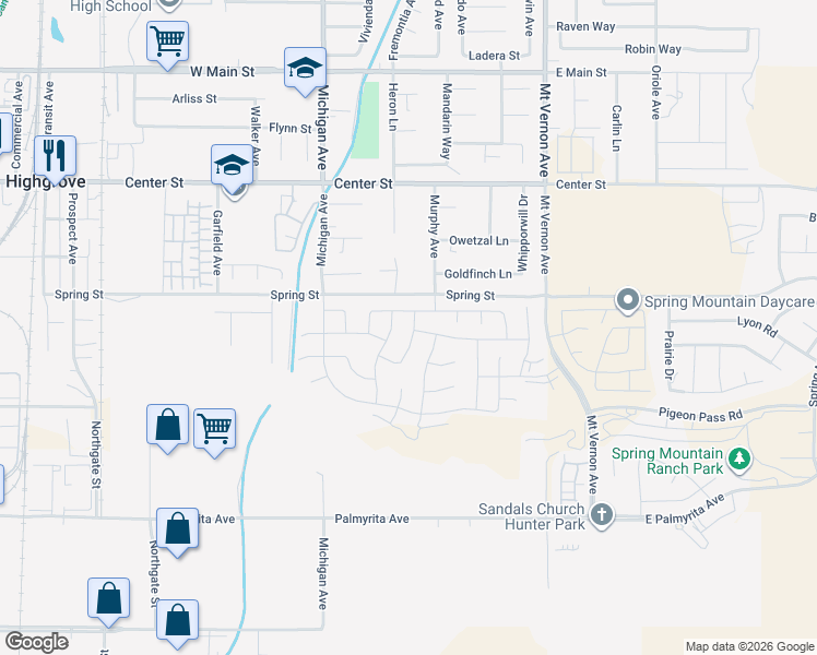 map of restaurants, bars, coffee shops, grocery stores, and more near 250-268 Spring Street in Riverside