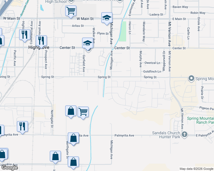map of restaurants, bars, coffee shops, grocery stores, and more near 500-518 Spring Street in Riverside