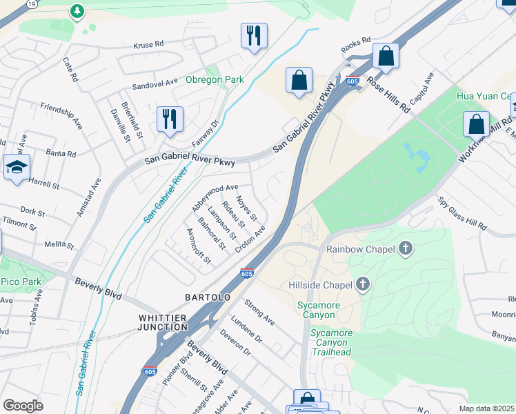 map of restaurants, bars, coffee shops, grocery stores, and more near 9984 Springland Dr in Whittier