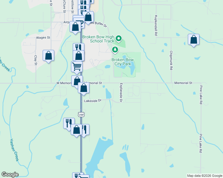map of restaurants, bars, coffee shops, grocery stores, and more near 305 Dogwood Court in Broken Bow