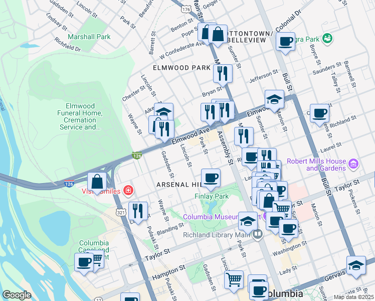 map of restaurants, bars, coffee shops, grocery stores, and more near 2008 Lincoln Street in Columbia