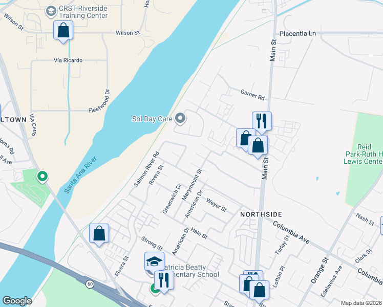 map of restaurants, bars, coffee shops, grocery stores, and more near 4288 Witt Avenue in Riverside