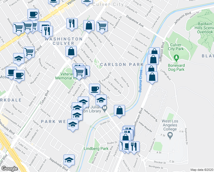 map of restaurants, bars, coffee shops, grocery stores, and more near 4336 Mentone Avenue in Culver City