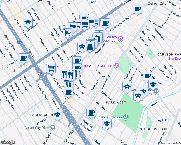 map of restaurants, bars, coffee shops, grocery stores, and more near 4101 Charles Avenue in Culver City