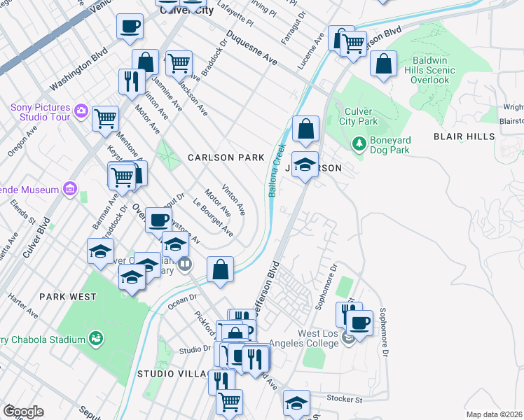 map of restaurants, bars, coffee shops, grocery stores, and more near 4430 Jasmine Avenue in Culver City