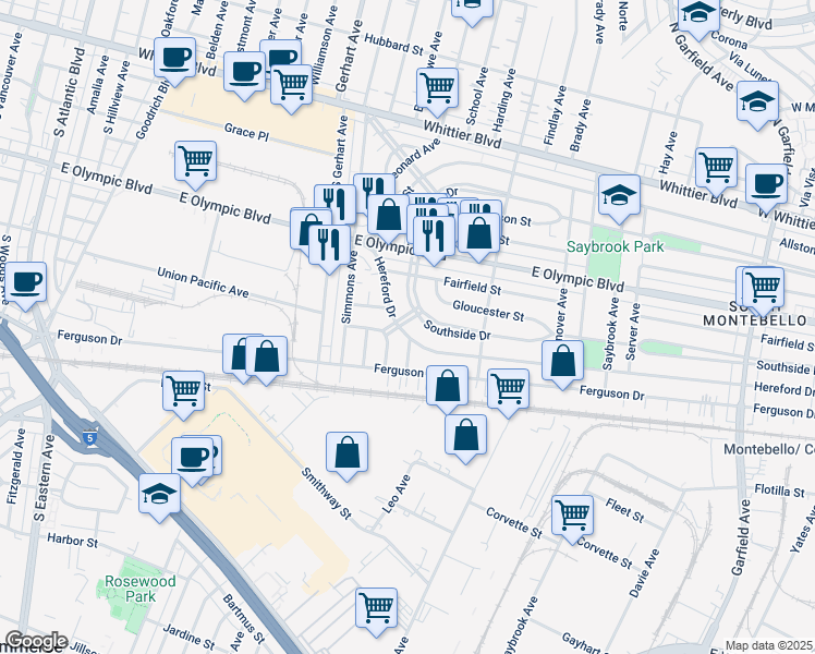 map of restaurants, bars, coffee shops, grocery stores, and more near 5977 Hereford Drive in East Los Angeles