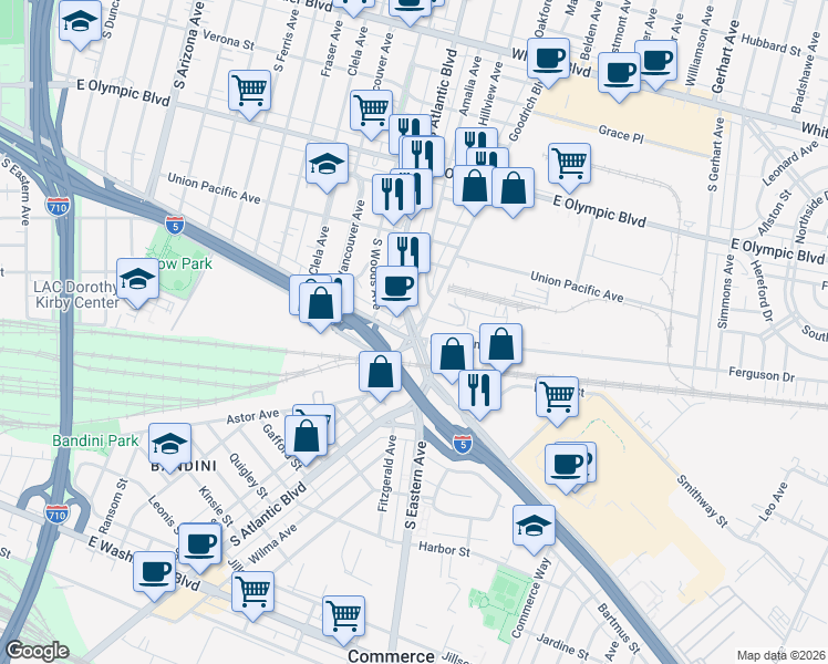 map of restaurants, bars, coffee shops, grocery stores, and more near 1244 South Atlantic Boulevard in Los Angeles