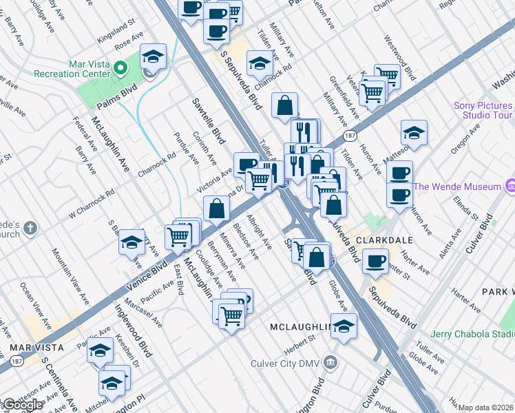 map of restaurants, bars, coffee shops, grocery stores, and more near 11314 California 187 in Los Angeles