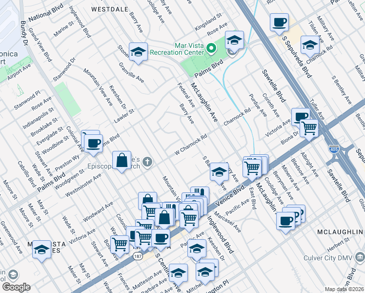 map of restaurants, bars, coffee shops, grocery stores, and more near 11925 Charnock Road in Los Angeles
