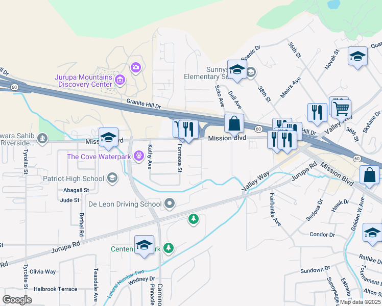 map of restaurants, bars, coffee shops, grocery stores, and more near 4277 Byrne Road in Riverside