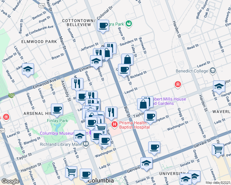 map of restaurants, bars, coffee shops, grocery stores, and more near 1429 Laurel Street in Columbia