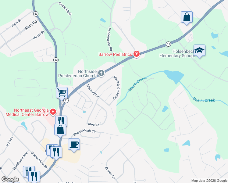 map of restaurants, bars, coffee shops, grocery stores, and more near 664 Majesty Crossing in Winder