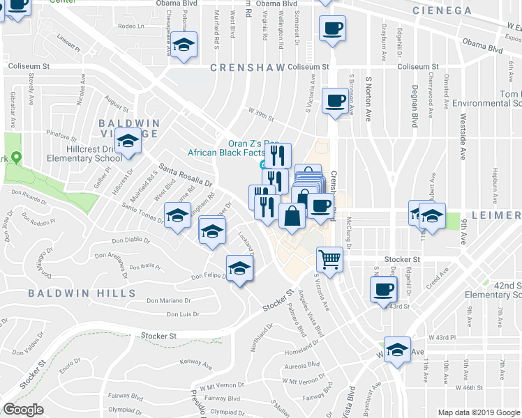 map of restaurants, bars, coffee shops, grocery stores, and more near 4077 Marlton Avenue in Los Angeles