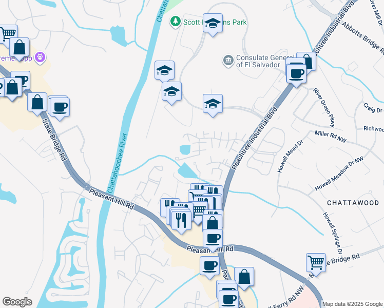 map of restaurants, bars, coffee shops, grocery stores, and more near 3562 Knotsberry Lane in Duluth