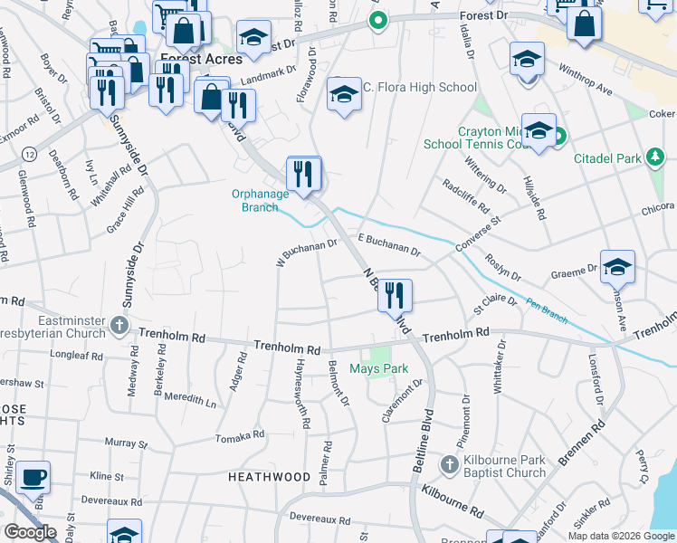 map of restaurants, bars, coffee shops, grocery stores, and more near 3919 Parkman Drive in Columbia