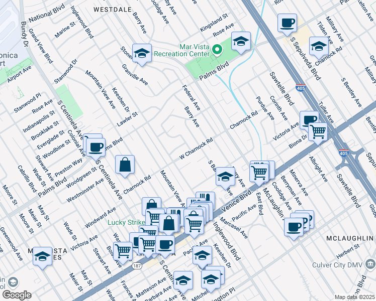 map of restaurants, bars, coffee shops, grocery stores, and more near 11925 Charnock Road in Los Angeles