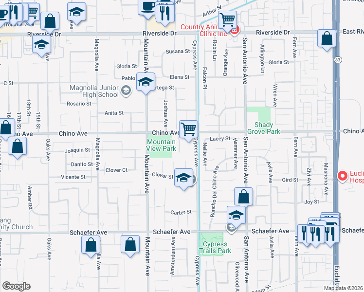 map of restaurants, bars, coffee shops, grocery stores, and more near 13343 Barcelona Place in Chino