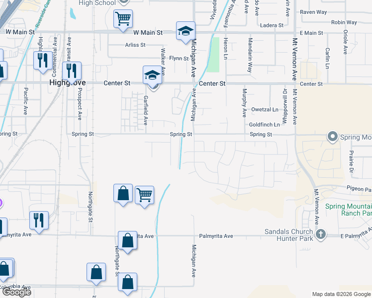 map of restaurants, bars, coffee shops, grocery stores, and more near 500-518 Spring Street in Riverside