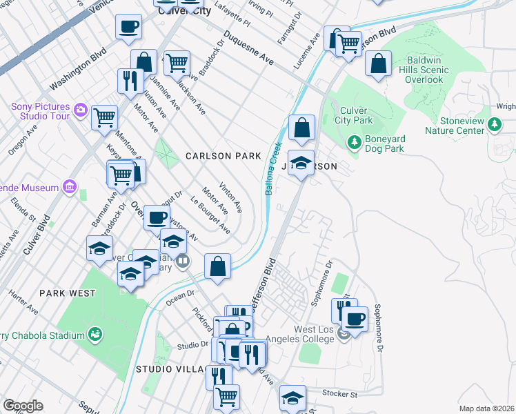 map of restaurants, bars, coffee shops, grocery stores, and more near 4430 Jasmine Avenue in Culver City