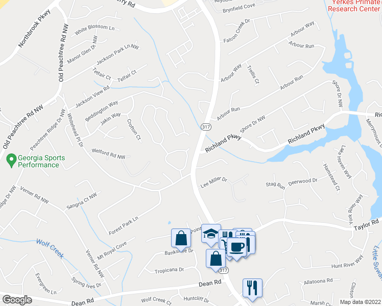 map of restaurants, bars, coffee shops, grocery stores, and more near 570 Swan Creek Court Northwest in Suwanee