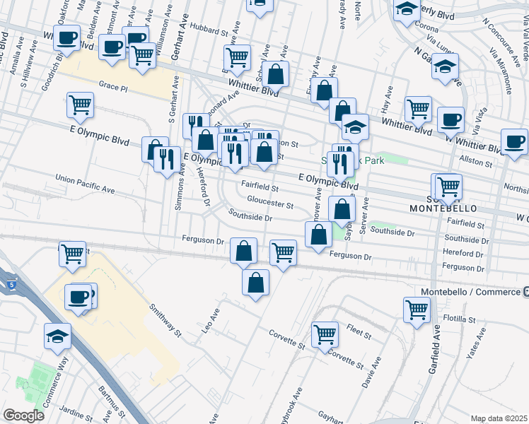 map of restaurants, bars, coffee shops, grocery stores, and more near 6089 Southside Drive in East Los Angeles