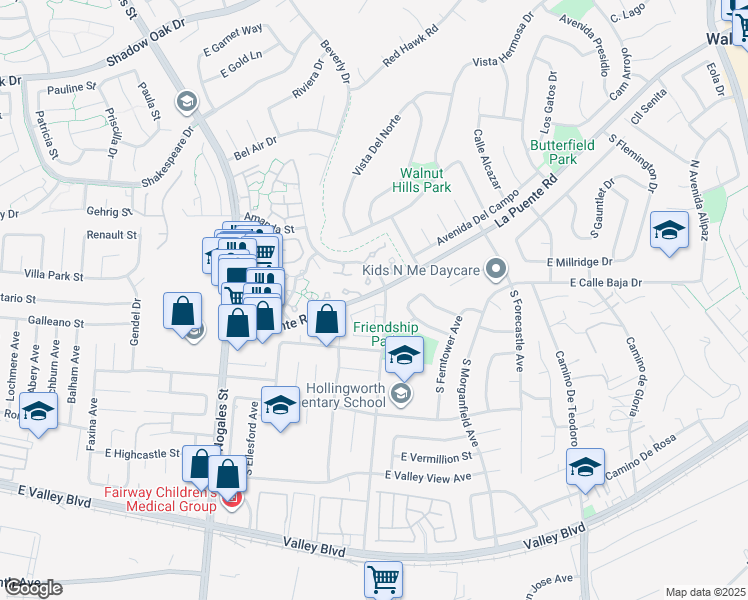 map of restaurants, bars, coffee shops, grocery stores, and more near 19288 La Puente Road in West Covina