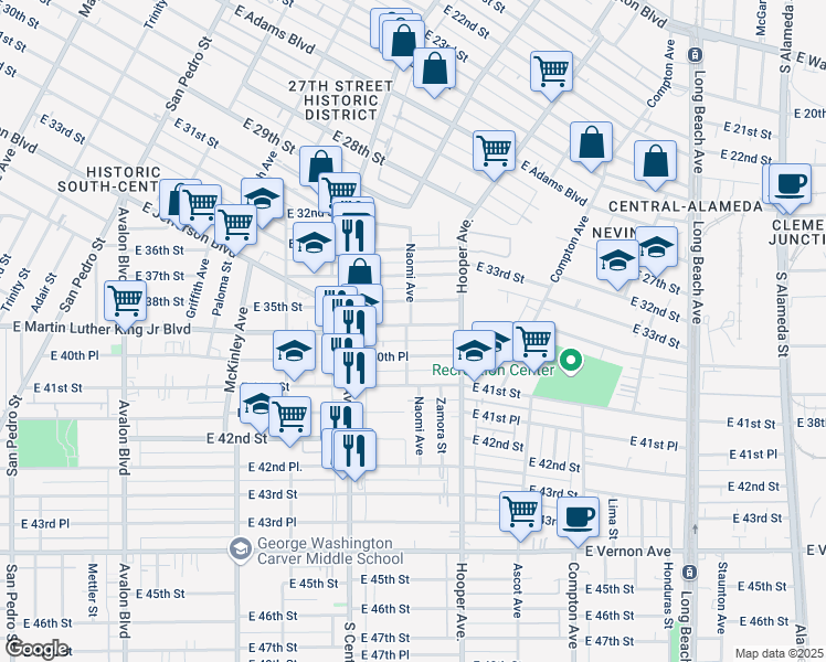 map of restaurants, bars, coffee shops, grocery stores, and more near 1208 East Martin Luther King Junior Boulevard in Los Angeles