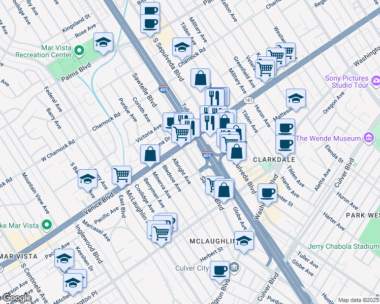 map of restaurants, bars, coffee shops, grocery stores, and more near 3814 Sawtelle Boulevard in Los Angeles