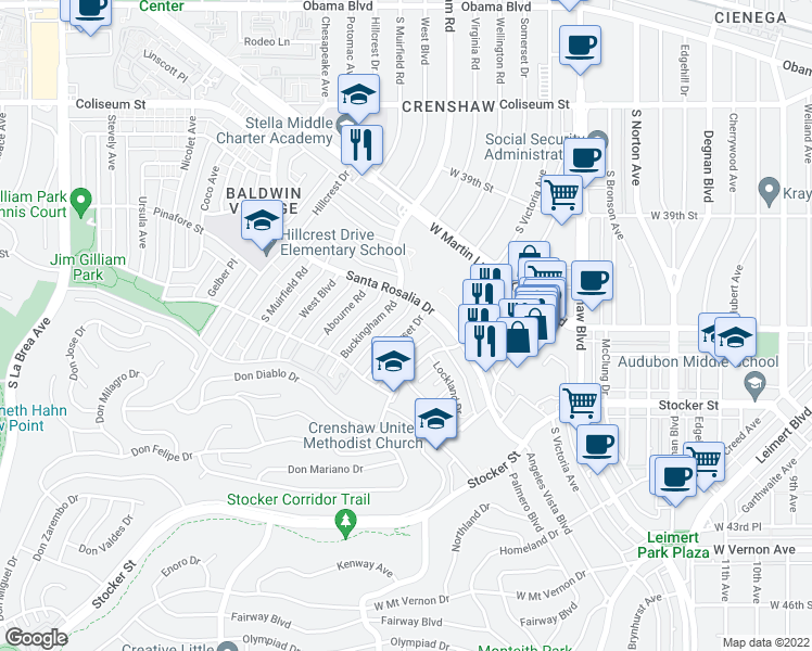 map of restaurants, bars, coffee shops, grocery stores, and more near 4121 Somerset Drive in Los Angeles