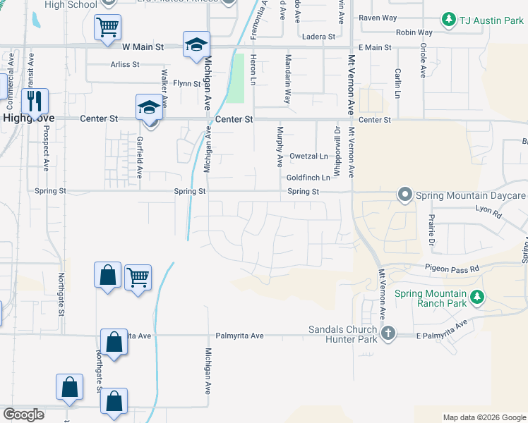 map of restaurants, bars, coffee shops, grocery stores, and more near 250-268 Spring Street in Riverside
