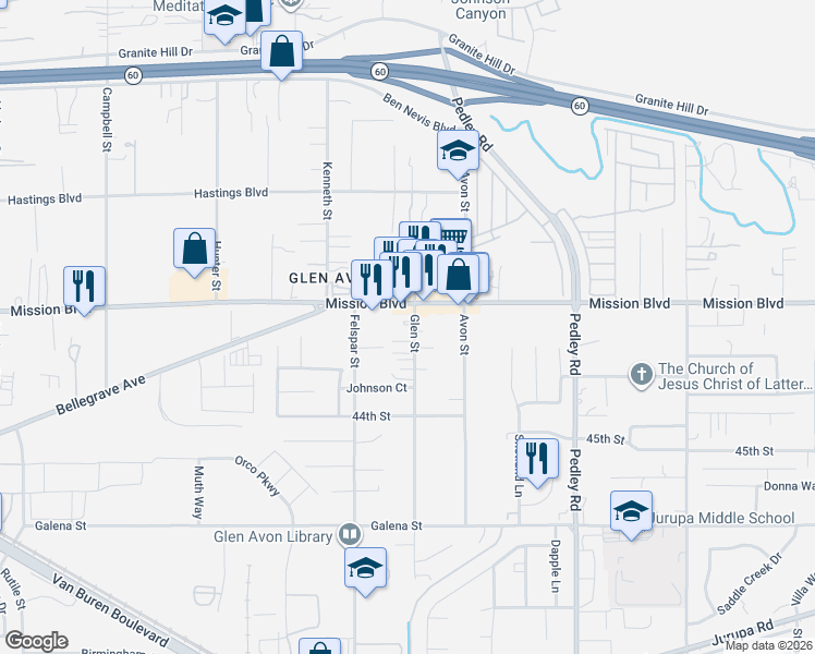 map of restaurants, bars, coffee shops, grocery stores, and more near 4220 Glen Street in Riverside