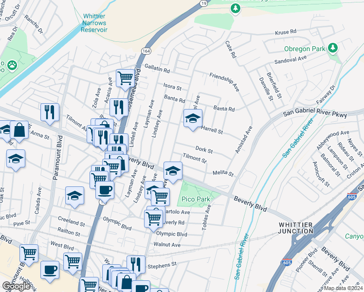 map of restaurants, bars, coffee shops, grocery stores, and more near 9306 Dork Street in Pico Rivera