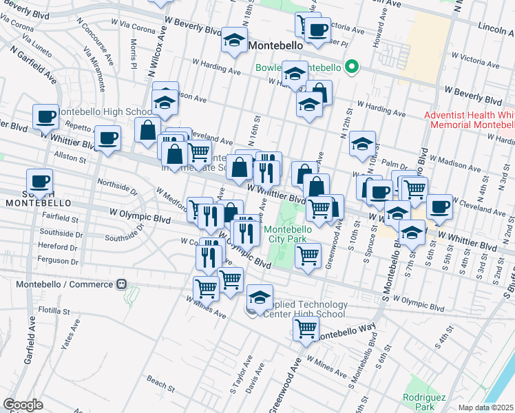 map of restaurants, bars, coffee shops, grocery stores, and more near 122 California Avenue in Montebello