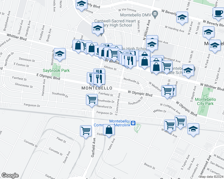 map of restaurants, bars, coffee shops, grocery stores, and more near 6678 East Olympic Boulevard in East Los Angeles