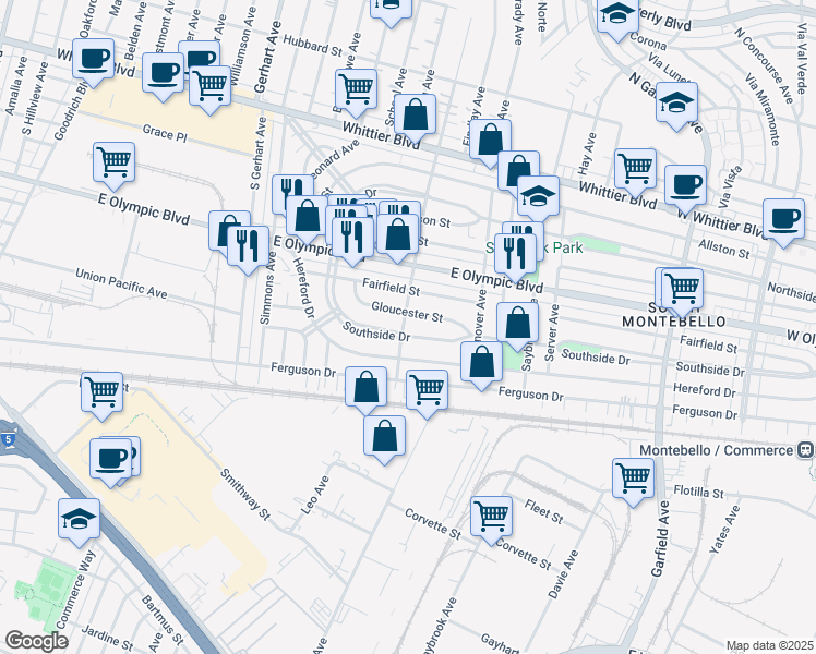 map of restaurants, bars, coffee shops, grocery stores, and more near 6089 Southside Drive in East Los Angeles