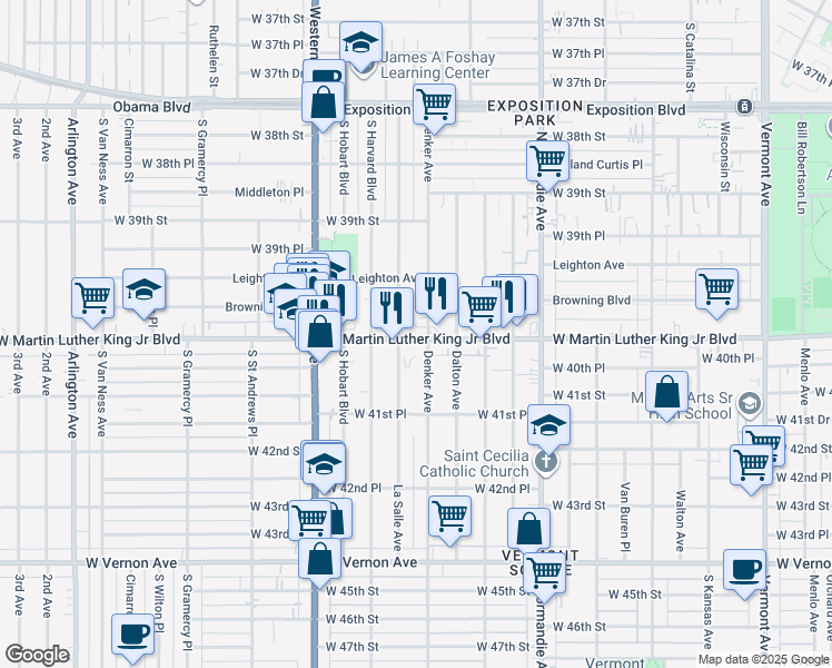 map of restaurants, bars, coffee shops, grocery stores, and more near 1537 West Martin Luther King Junior Boulevard in Los Angeles