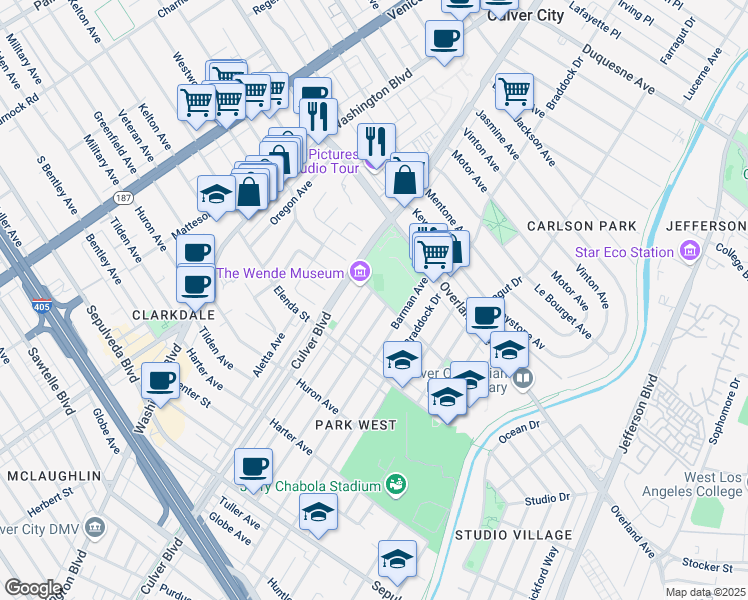 map of restaurants, bars, coffee shops, grocery stores, and more near 10819 Wagner Street in Culver City