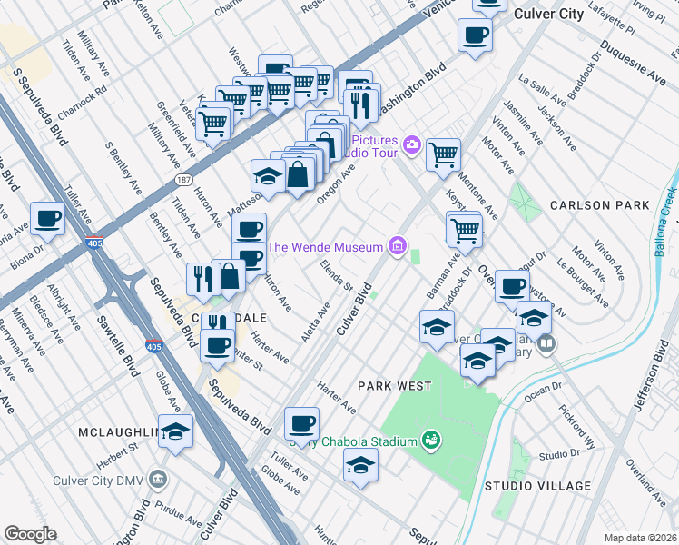 map of restaurants, bars, coffee shops, grocery stores, and more near 4007 Coogan Circle in Culver City