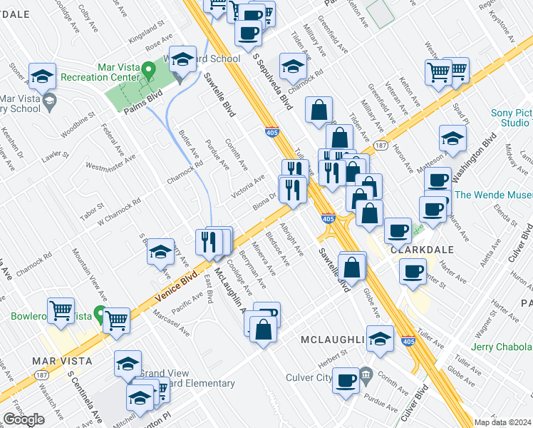 map of restaurants, bars, coffee shops, grocery stores, and more near 11404 Biona Drive in Los Angeles