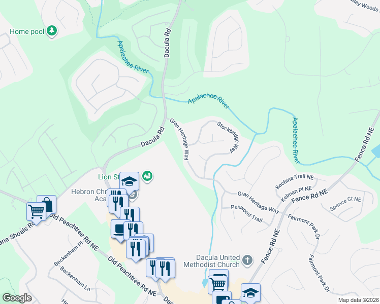 map of restaurants, bars, coffee shops, grocery stores, and more near 775 Gran Heritage Way in Dacula