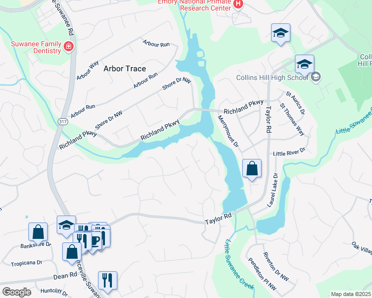 map of restaurants, bars, coffee shops, grocery stores, and more near 314 Lake Bluff Court in Suwanee