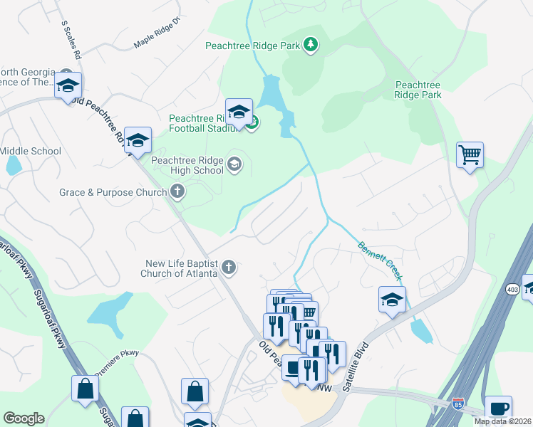 map of restaurants, bars, coffee shops, grocery stores, and more near 1622 Belmont Creek Pointe in Suwanee