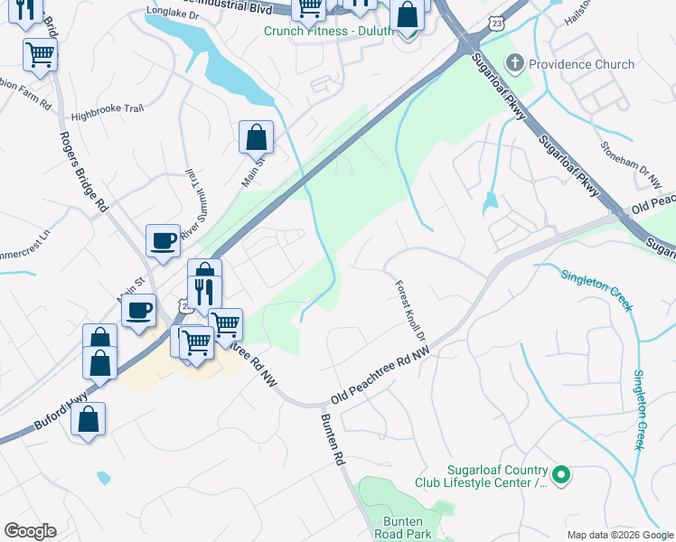 map of restaurants, bars, coffee shops, grocery stores, and more near 3498 Forest Knoll Drive in Duluth